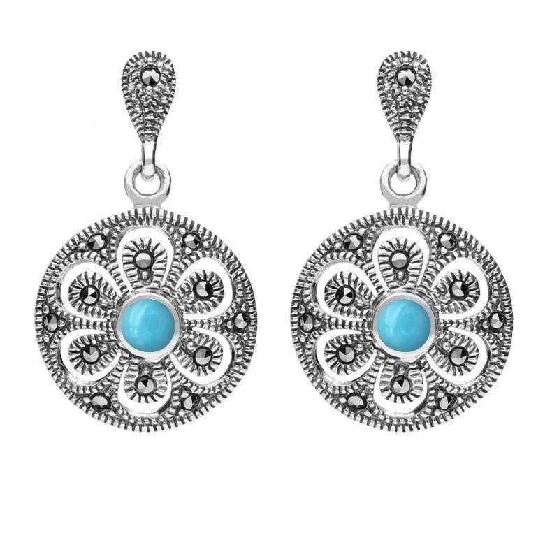 Sterling Silver Turquoise Art Deco Floral Marcasite Drop Earrings sold by Jura Watches
