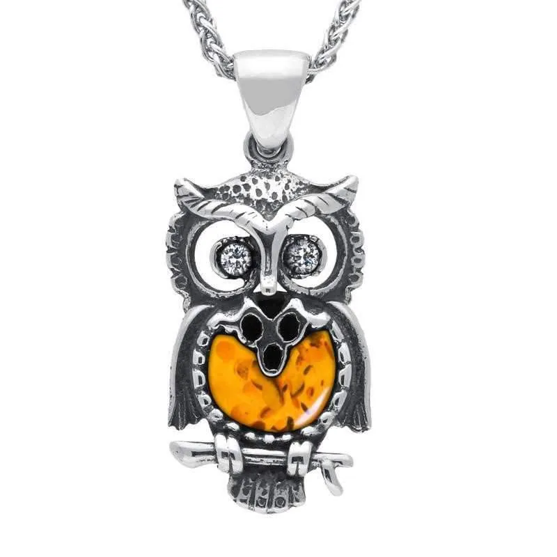 Sterling Silver Amber Small Owl Necklace sold by Jura Watches