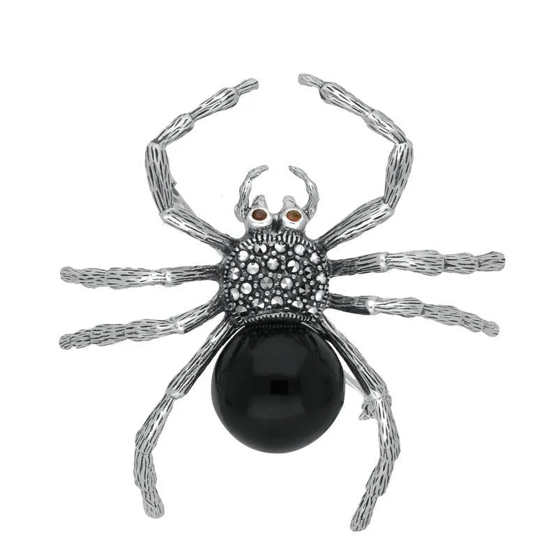 Sterling Silver Whitby Jet Marcasite and Garnet Spider Brooch sold by Jura Watches