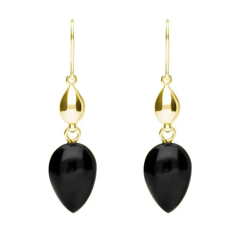 9ct Yellow Gold Whitby Jet Carved Pear Bead Drop Hook Earrings sold by Jura Watches