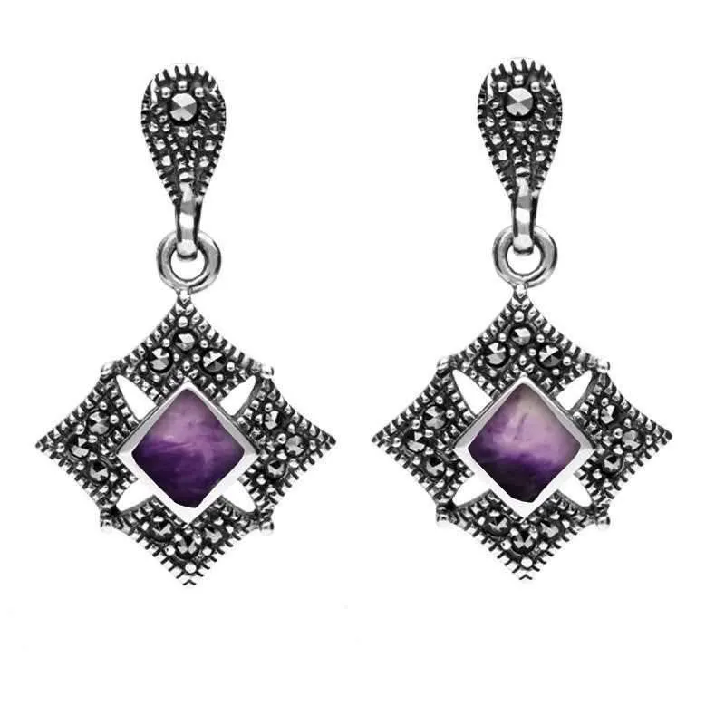 Sterling Silver Blue John Marcasite Square Drop Stud Earrings sold by Jura Watches