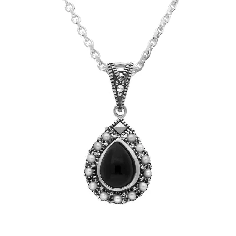 Sterling Silver Whitby Jet Pearl Marcasite Edge Pear Necklace sold by Jura Watches