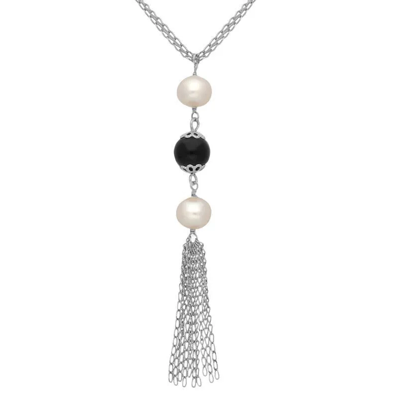 Sterling Silver Whitby Jet Pearl Triple Bead Tassel Necklace D sold by Jura Watches