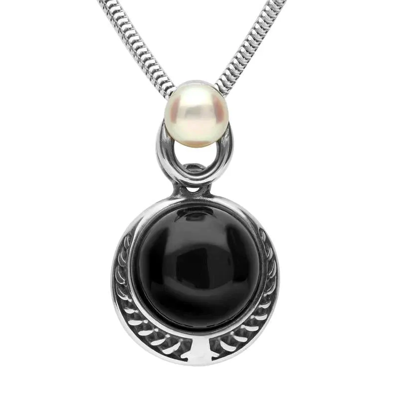 Sterling Silver Whitby Jet Pearl Two Stone Rope Edge Necklace sold by Jura Watches