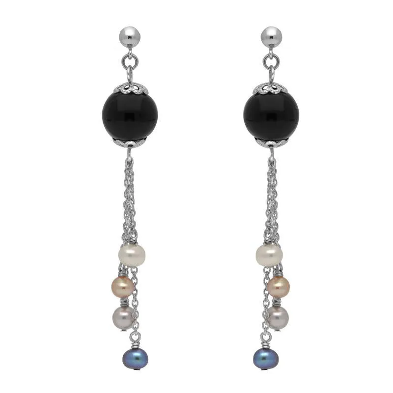 Sterling Silver Whitby Jet Pearl Beaded Tassel Drop Earrings sold by Jura Watches