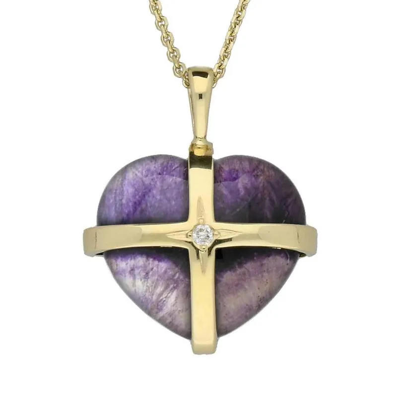 9ct Yellow Gold Blue John Diamond Medium Cross Heart Necklace sold by Jura Watches