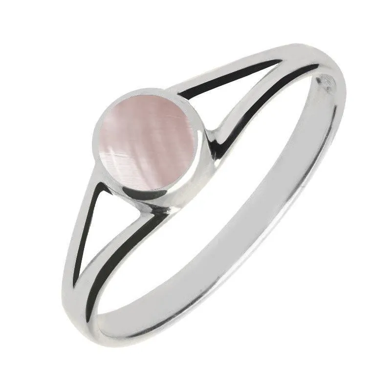 Sterling Silver Pink Mother of Pearl Round Split Shoulder Ring sold by Jura Watches