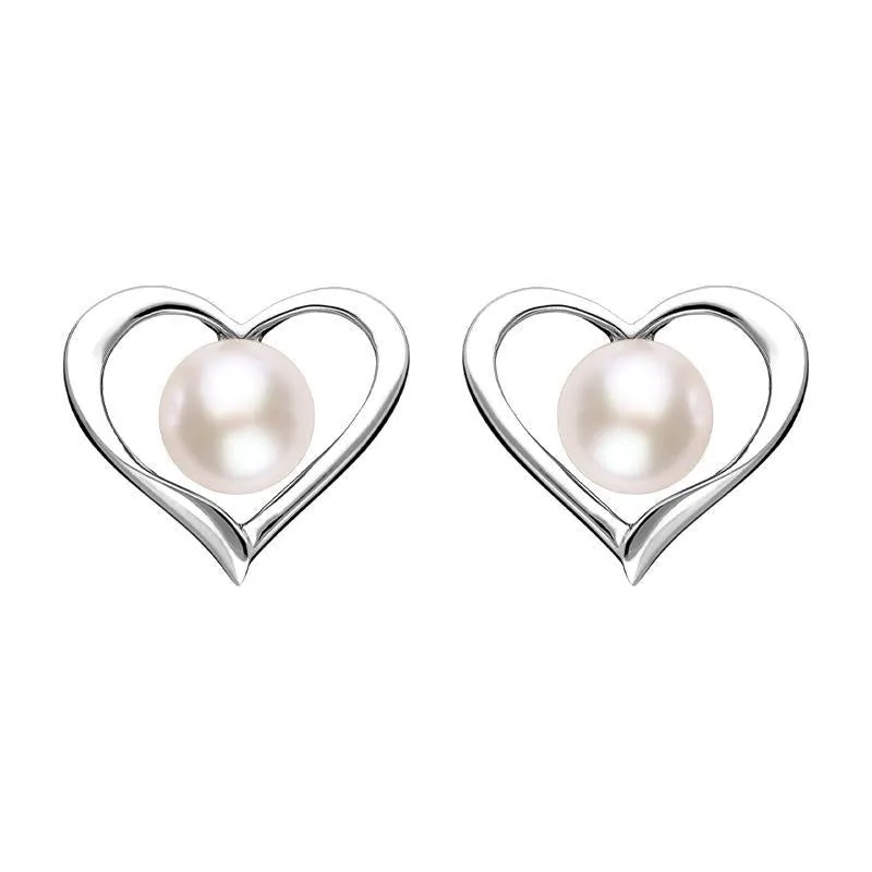 Sterling Silver White Pearl Open Heart Stud Earrings sold by Jura Watches