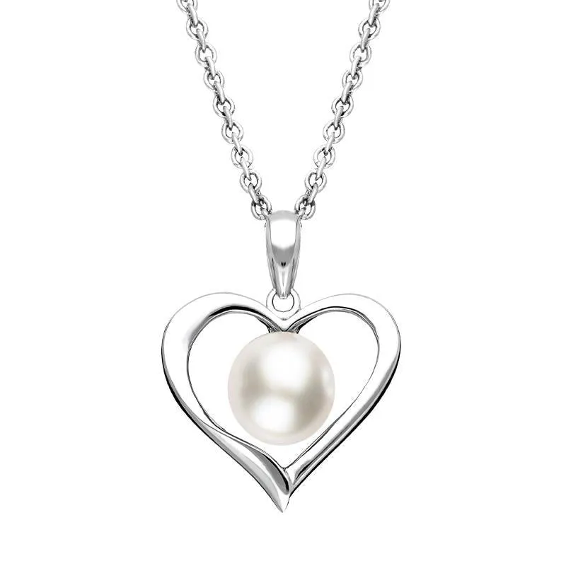 Sterling Silver White Pearl Open Heart Necklace sold by Jura Watches