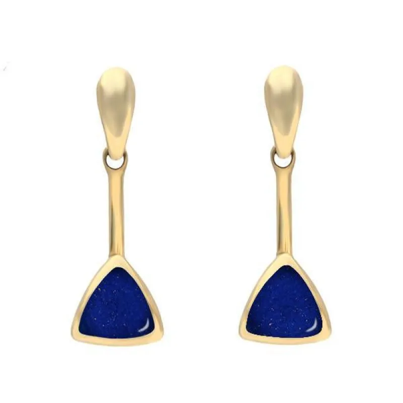 9ct Yellow Gold Lapis Lazuli Curved Triangle Drop Earrings sold by Jura Watches