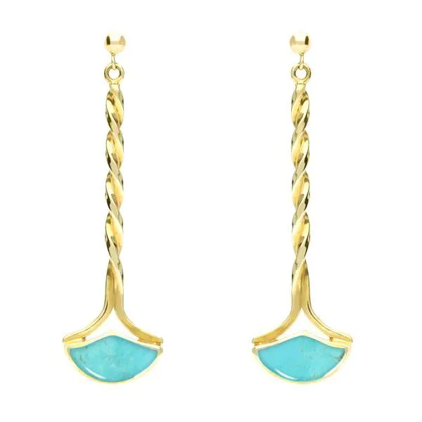 9ct Yellow Gold Turquoise Drop Twist Fan Stud Earrings sold by Jura Watches