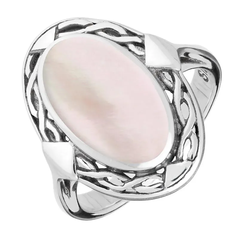Sterling Silver Pink Mother of Pearl Oval Celtic Ring sold by Jura Watches
