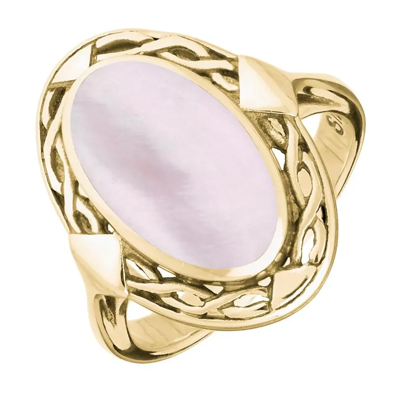 9ct Yellow Gold Pink Mother of Pearl Oval Celtic Ring sold by Jura Watches