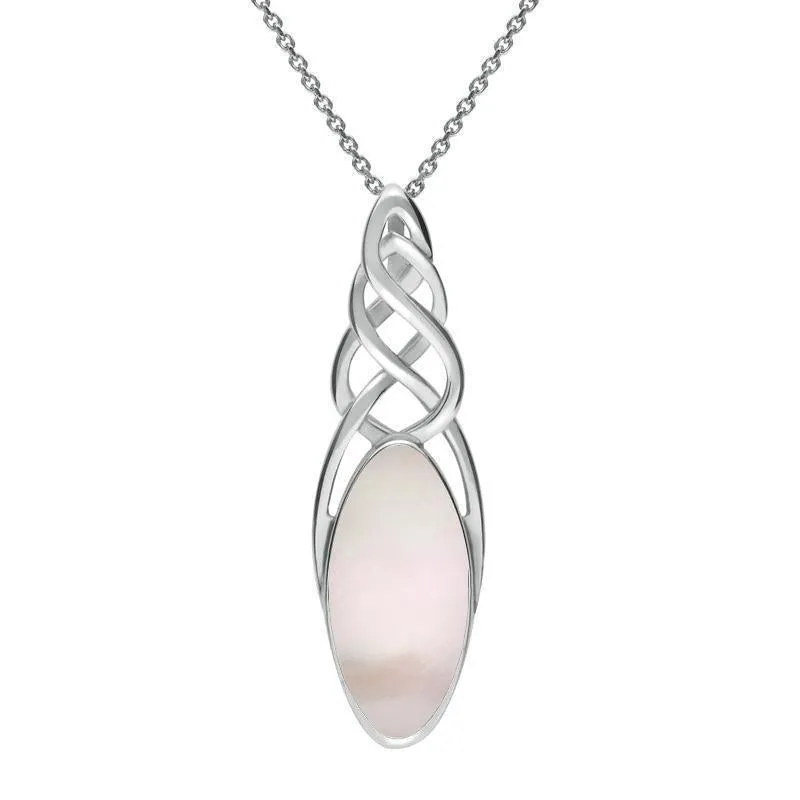 Sterling Silver Pink Mother of Pearl Long Marquise Celtic Necklace sold by Jura Watches