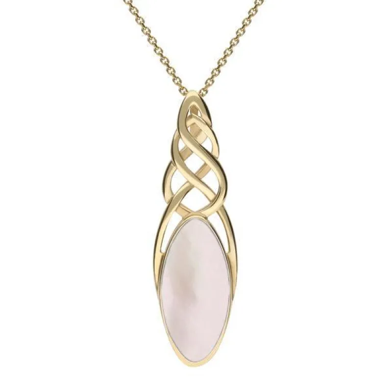 9ct Yellow Gold Pink Mother of Pearl Long Marquise Celtic Necklace sold by Jura Watches