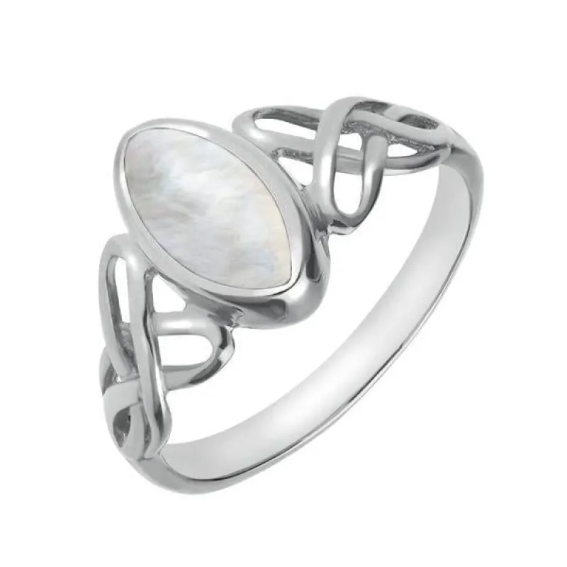 Sterling Silver Mother of Pearl Marquise Celtic Ring sold by Jura Watches