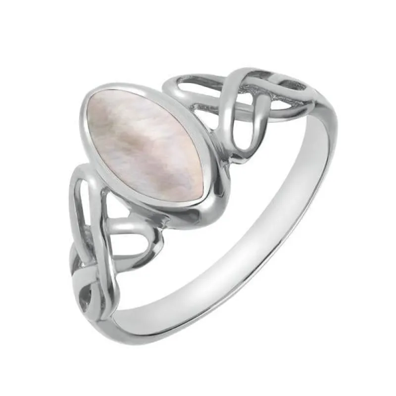 Sterling Silver Pink Mother of Pearl Marquise Celtic Ring sold by Jura Watches
