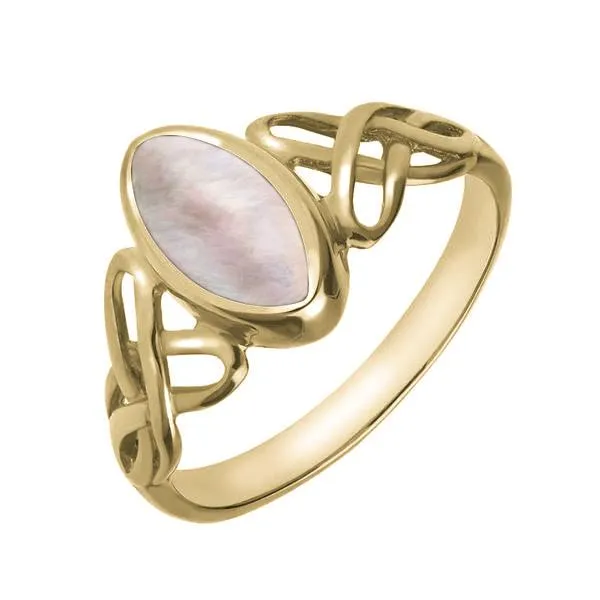 9ct Yellow Gold Pink Mother of Pearl Marquise Celtic Ring sold by Jura Watches