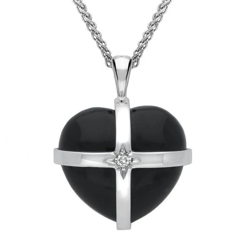 18ct White Gold Whitby Jet Diamond Medium Cross Heart Necklace sold by Jura Watches