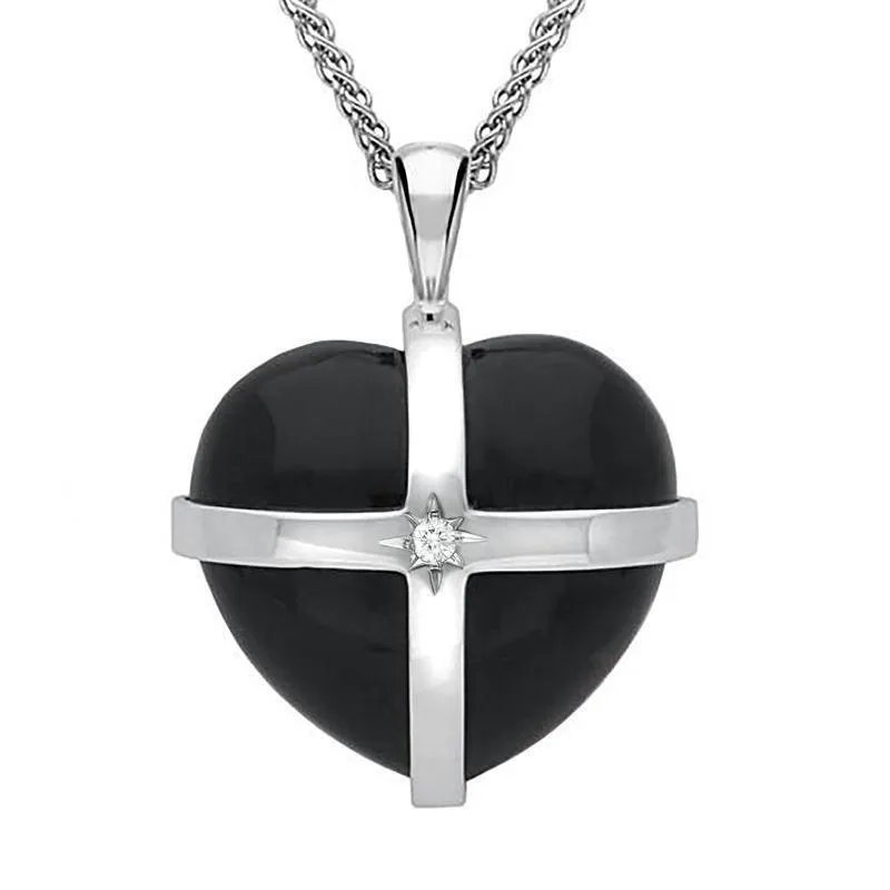 18ct White Gold Whitby Jet Diamond Large Cross Heart Necklace sold by Jura Watches