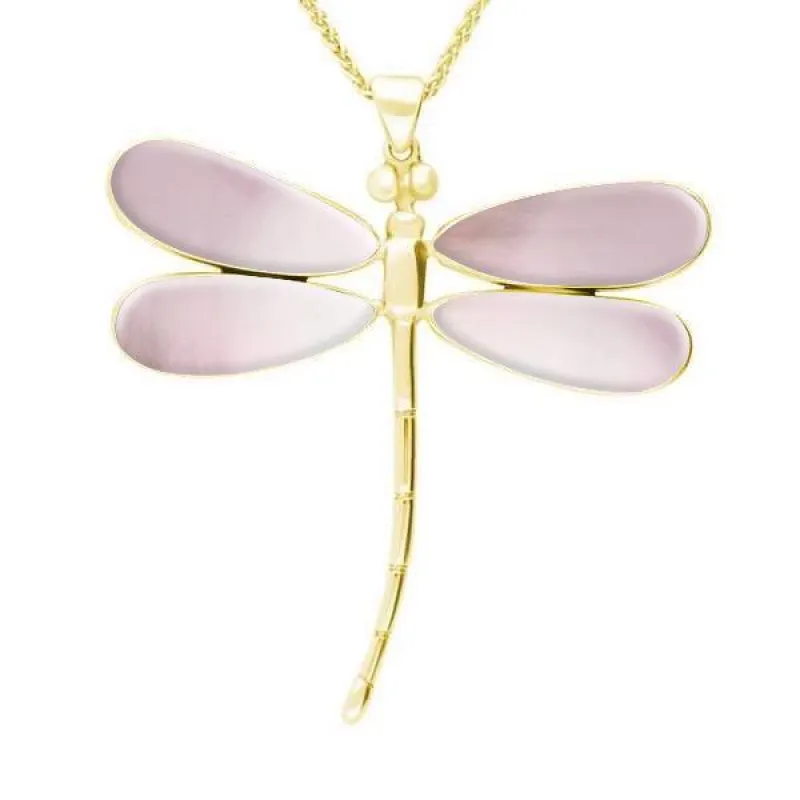 9ct Yellow Gold Pink Mother of Pearl Four Stone Large Dragonfly Necklace sold by Jura Watches