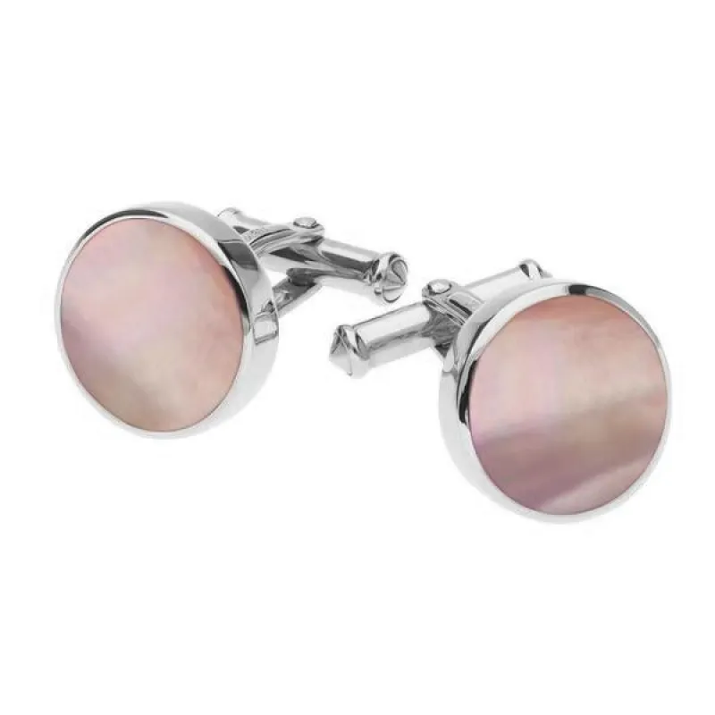Sterling Silver Pink Mother Of Pearl Round Shape Cufflinks sold by Jura Watches