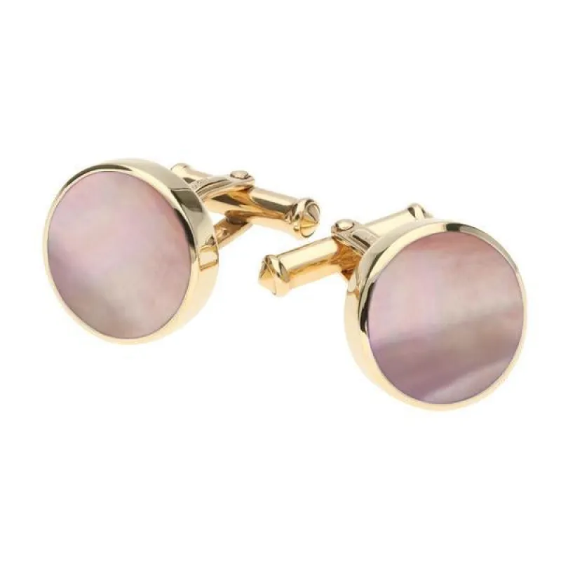 9ct Yellow Gold Pink Mother Of Pearl Round Shape Cufflinks sold by Jura Watches