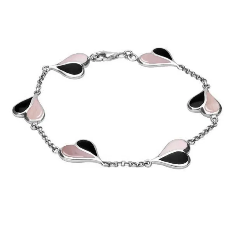Sterling Silver Whitby Jet Pink Mother of Pearl Split Heart Bracelet sold by Jura Watches