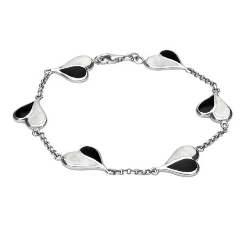 Sterling Silver Whitby Jet Mother of Pearl Split Heart Bracelet sold by Jura Watches