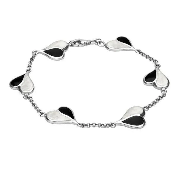 Sterling Silver Whitby Jet Mother of Pearl Split Heart Bracelet sold by Jura Watches