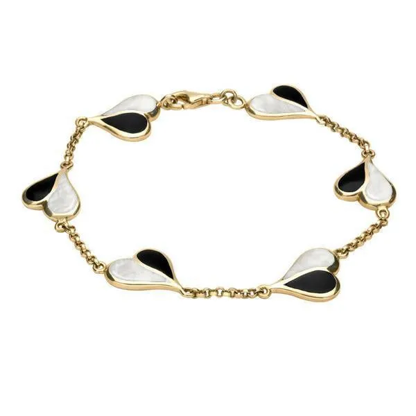9ct Yellow Gold Whitby Jet and Mother of Pearl Split Heart Bracelet sold by Jura Watches