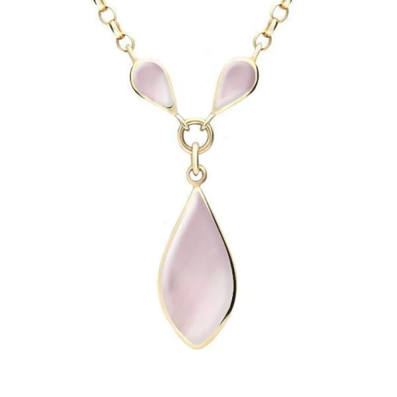 9ct Yellow Gold Pink Mother of Pearl Three Stone Pear Necklace sold by Jura Watches