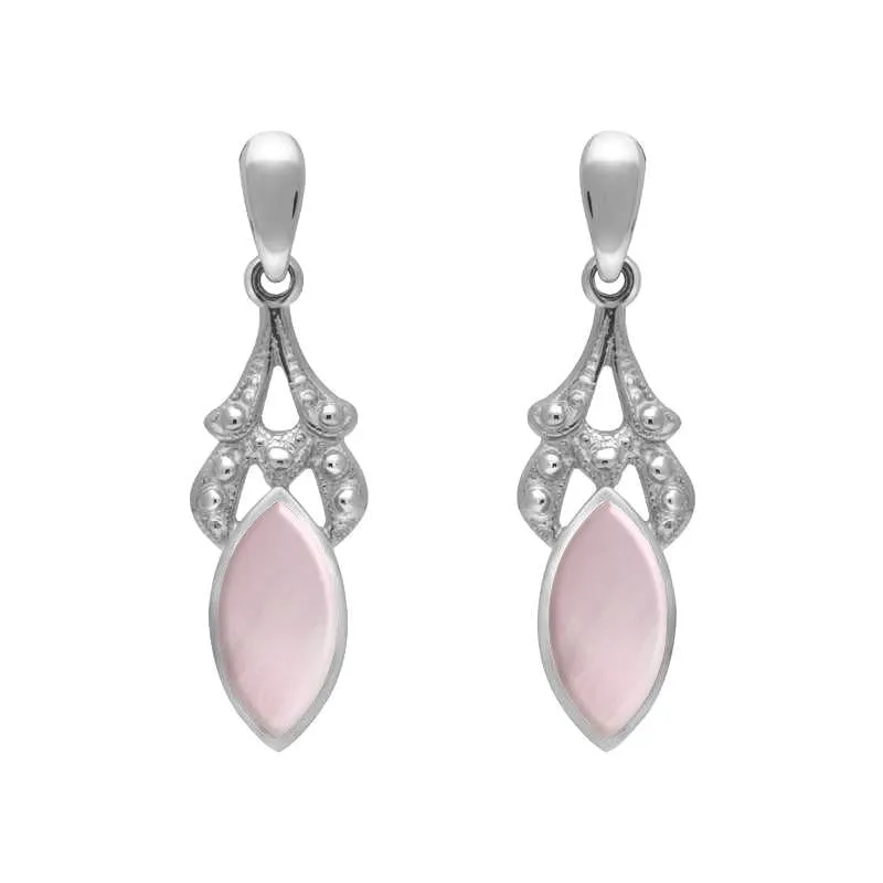 Sterling Silver Pink Mother of Pearl Marquise Drop Earrings sold by Jura Watches