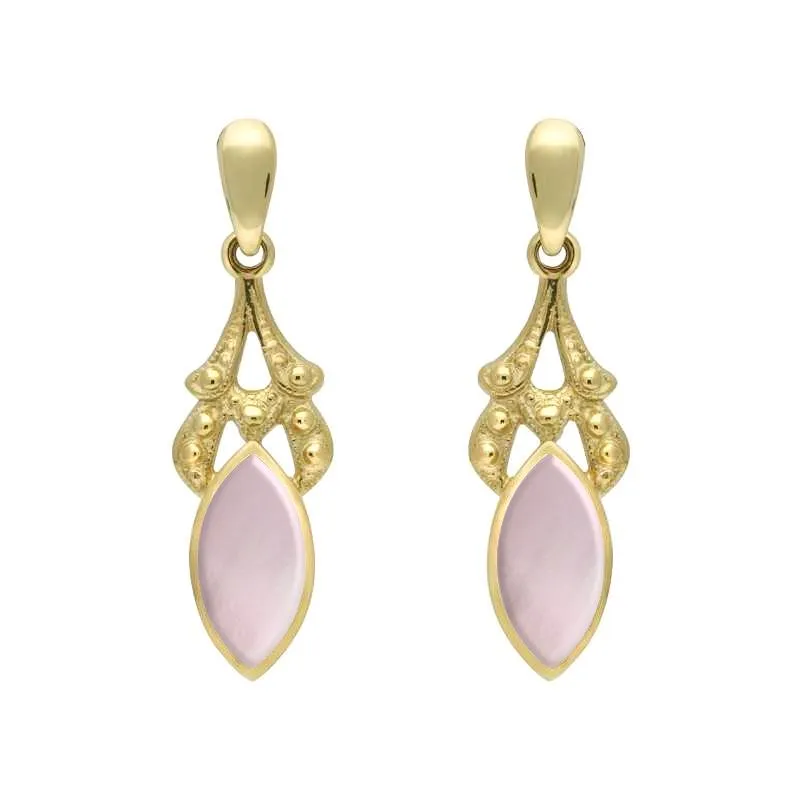 9ct Yellow Gold Pink Mother of Pearl Marquise Drop Earrings sold by Jura Watches