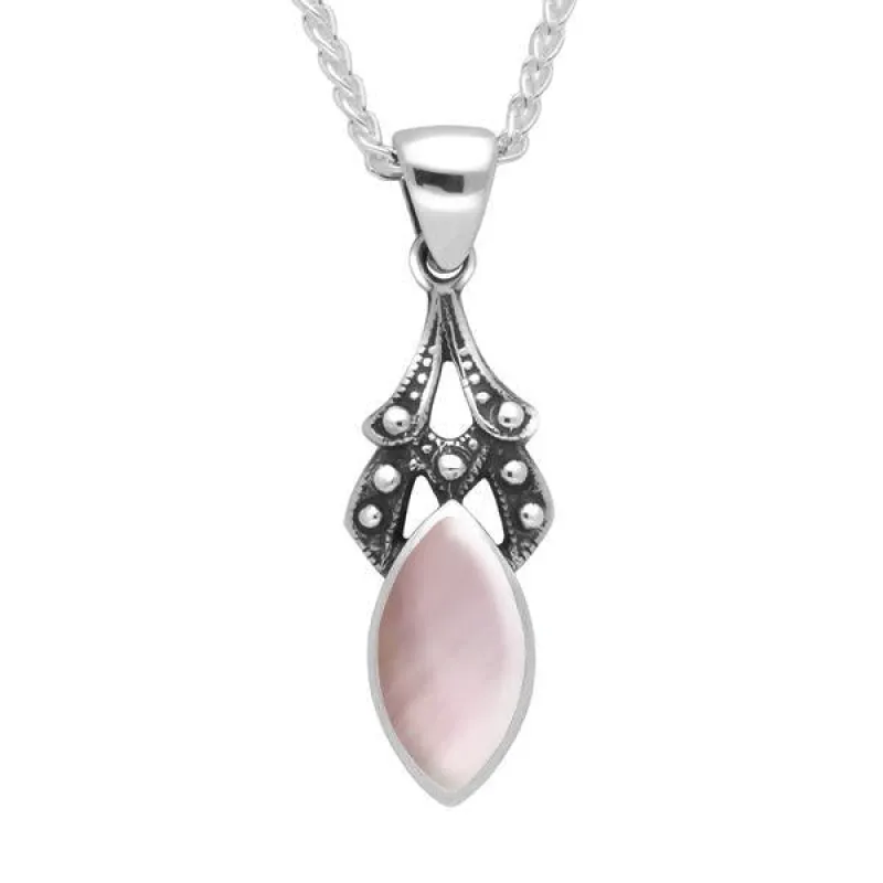 Sterling Silver Pink Mother of Pearl Marquise Drop Necklace sold by Jura Watches