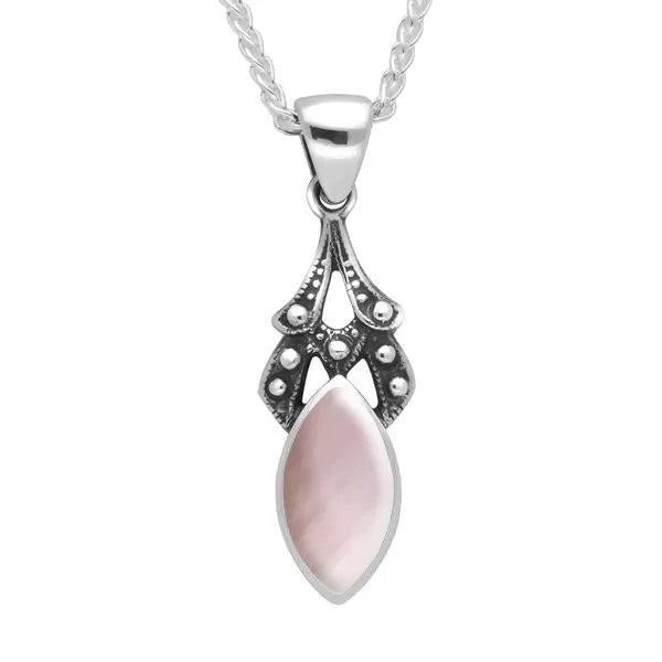 Sterling Silver Pink Mother of Pearl Marquise Drop Necklace sold by Jura Watches