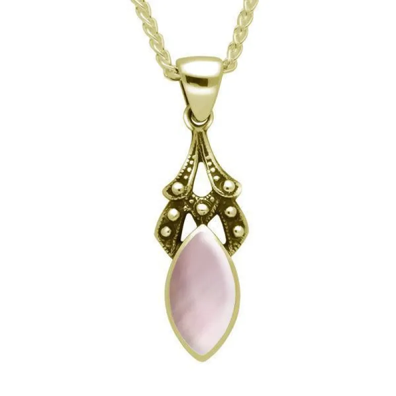 9ct Yellow Gold Pink Mother of Pearl Marquise Drop Necklace sold by Jura Watches