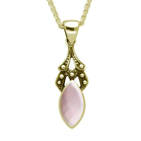 9ct Yellow Gold Pink Mother of Pearl Marquise Drop Necklace sold by Jura Watches