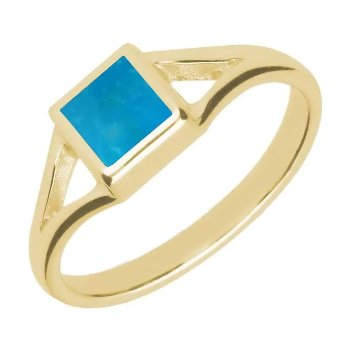 9ct Yellow Gold Turquoise Square Split Shoulder Ring sold by Jura Watches