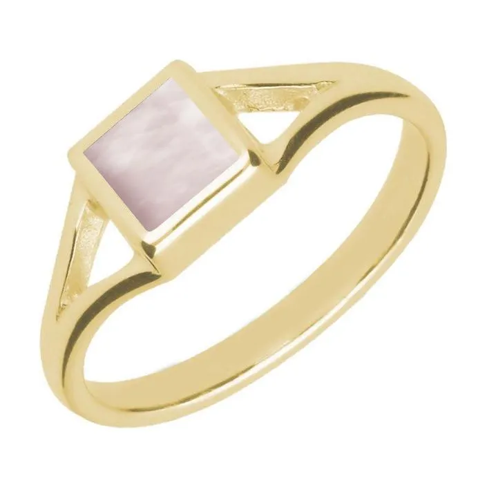 9ct Yellow Gold Pink Mother of Pearl Square Split Shoulder Ring sold by Jura Watches