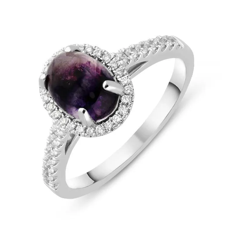 18ct White Gold Blue John Diamond Halo Pave Shoulder Ring sold by Jura Watches