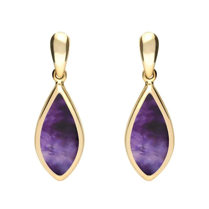 9ct Yellow Gold Blue John Small Pointed Pear Drop Earrings sold by Jura Watches