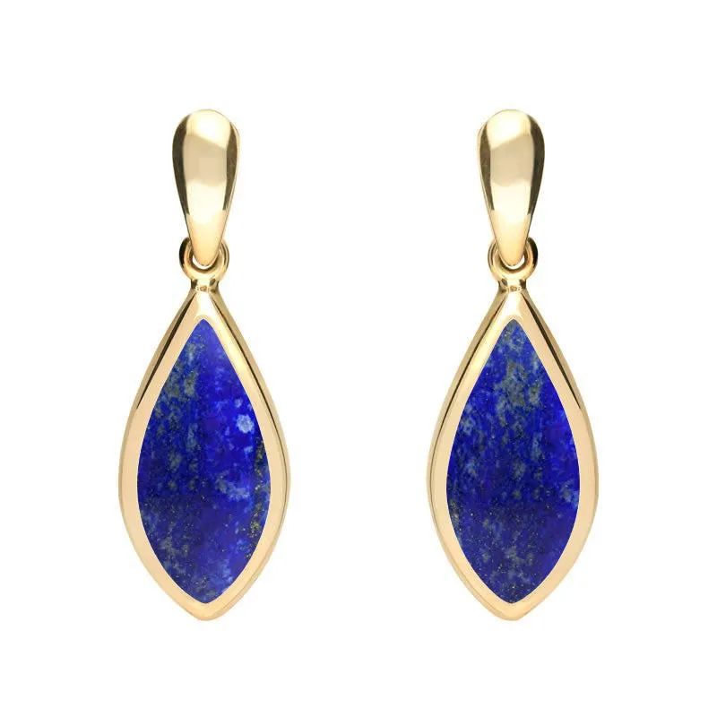 9ct Yellow Gold Lapis Lazuli Small Pointed Pear Drop Earrings sold by Jura Watches
