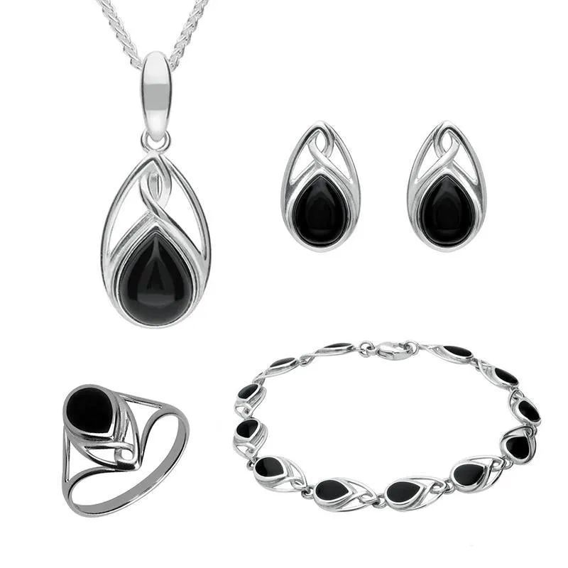 Sterling Silver Whitby Jet Pear Shaped Celtic Four Piece Set sold by Jura Watches