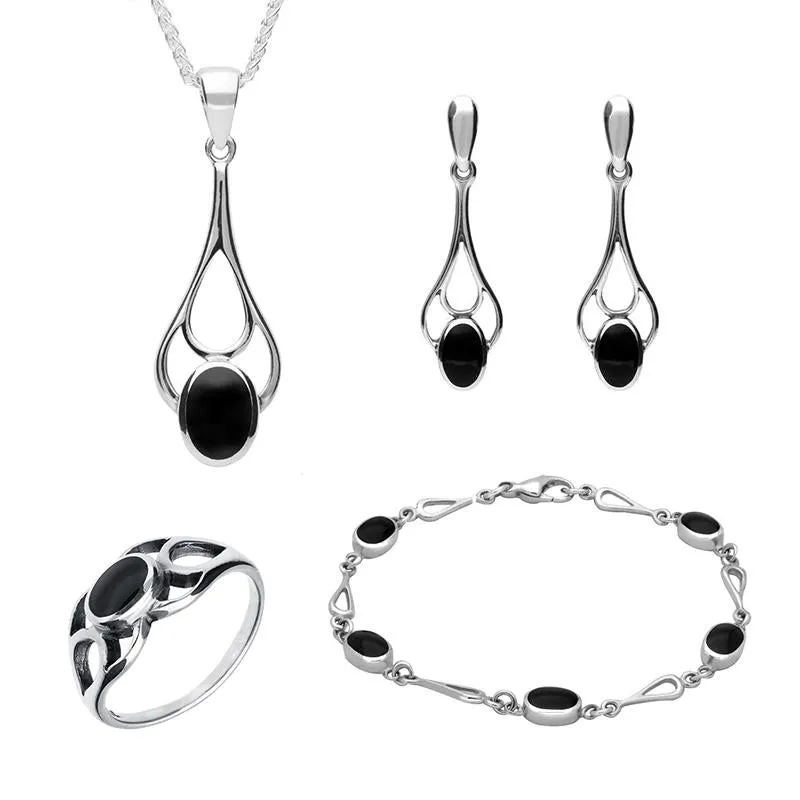Sterling Silver Whitby Jet Oval Spoon Drop Four Piece Set sold by Jura Watches