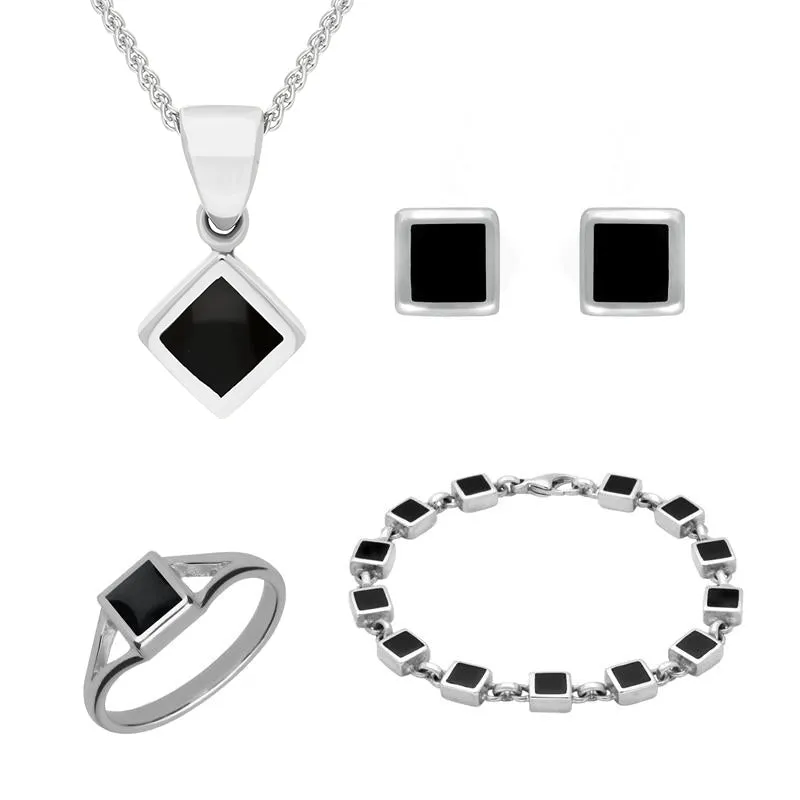 Sterling Silver Whitby Jet Square Four Piece Set sold by Jura Watches