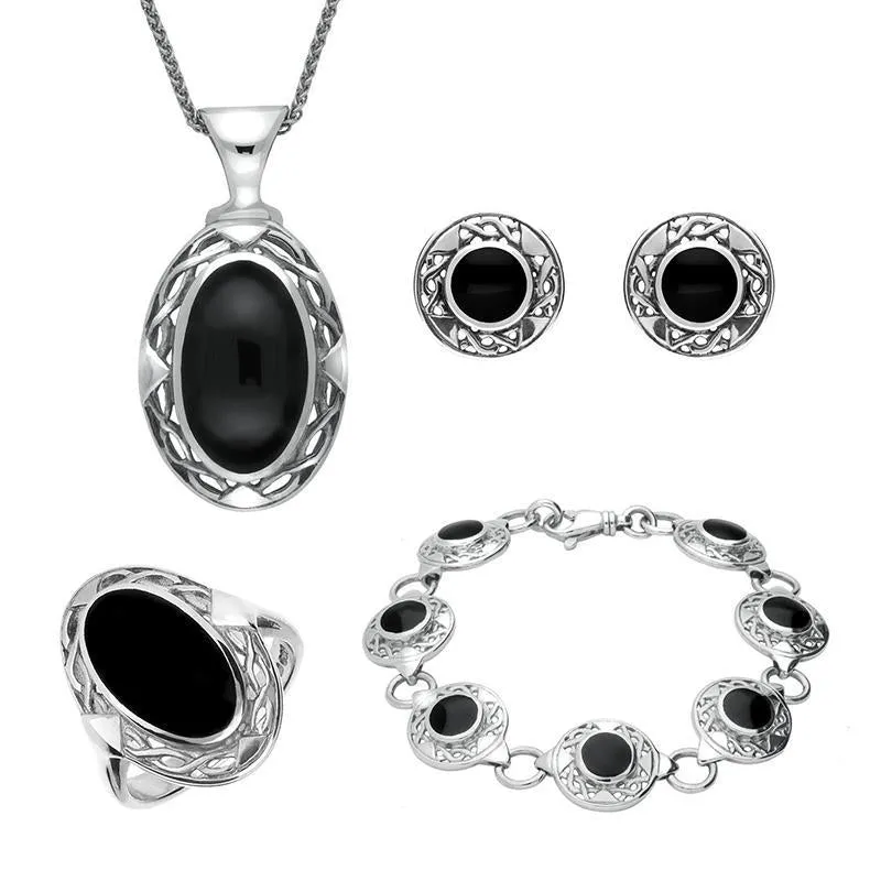 Sterling Silver Whitby Jet Celtic Oval Four Piece Set sold by Jura Watches