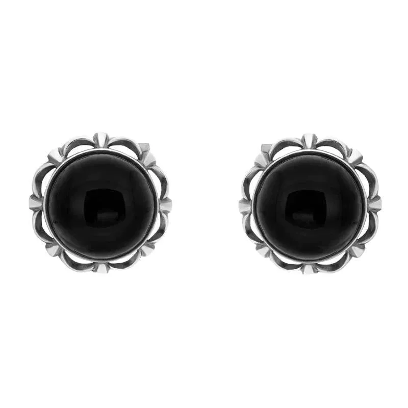 Sterling Silver Whitby Jet Round Frill Edge Stud Earrings sold by Jura Watches