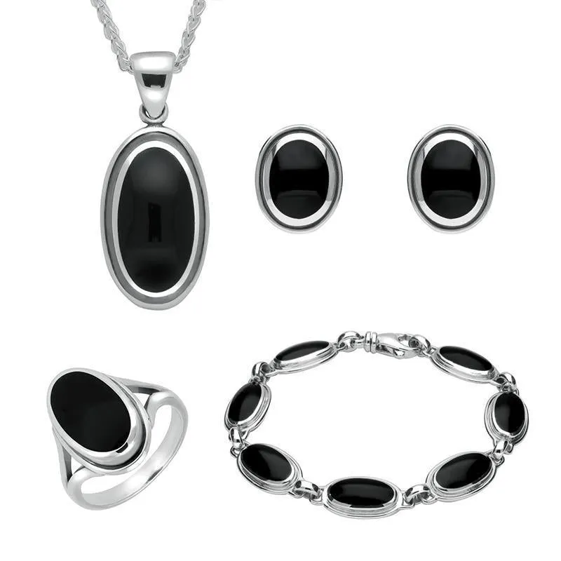 Sterling Silver Whitby Jet Ribbed Oval Four Piece Set sold by Jura Watches
