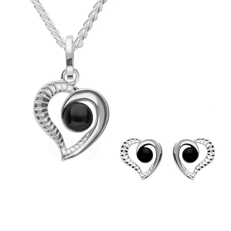 Sterling Silver Whitby Jet Ridged Heart Two Piece Set sold by Jura Watches